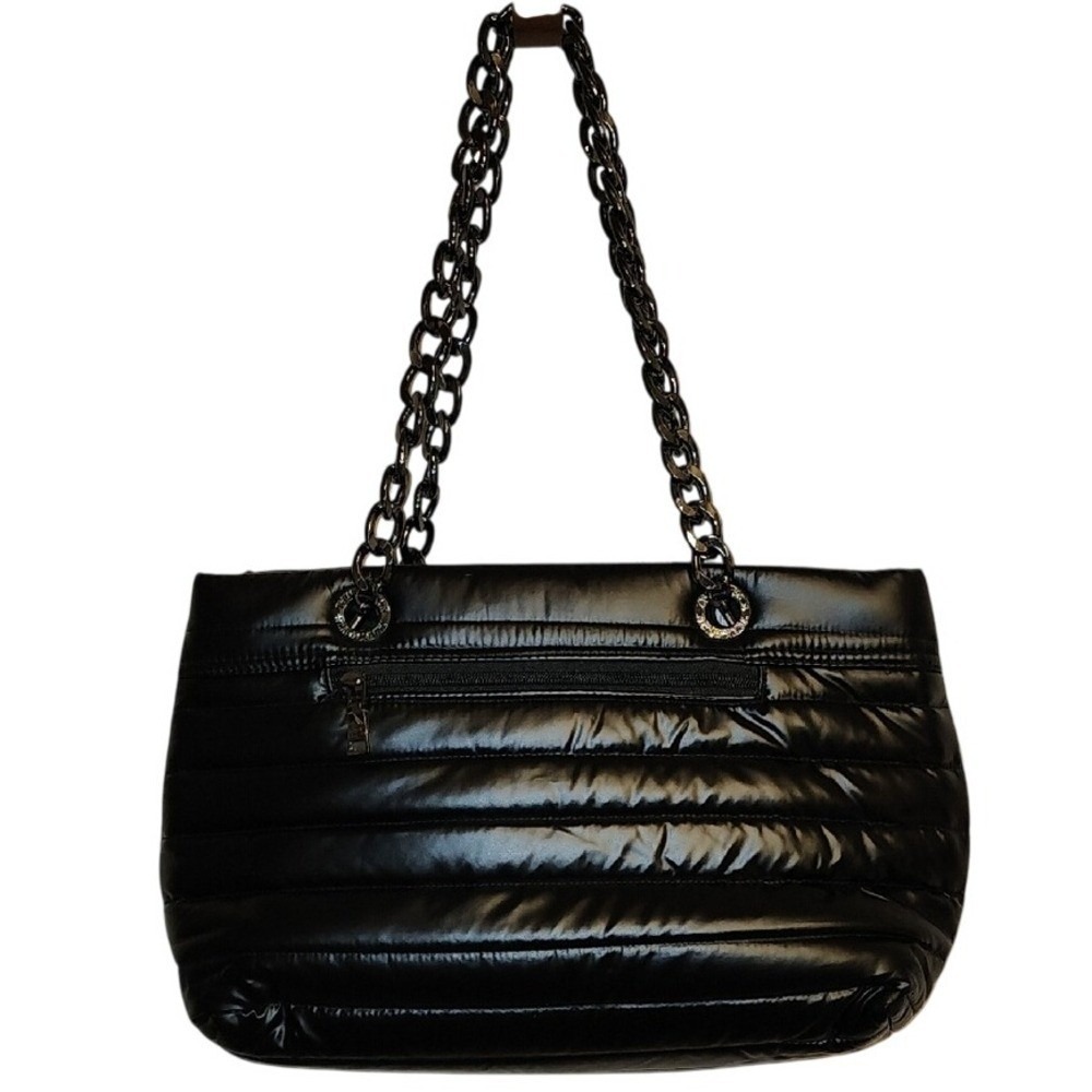 THINK ROYLN Puffer‎ Tote Bag Black Quilted Shiny Chain Shoulder Bag EUC